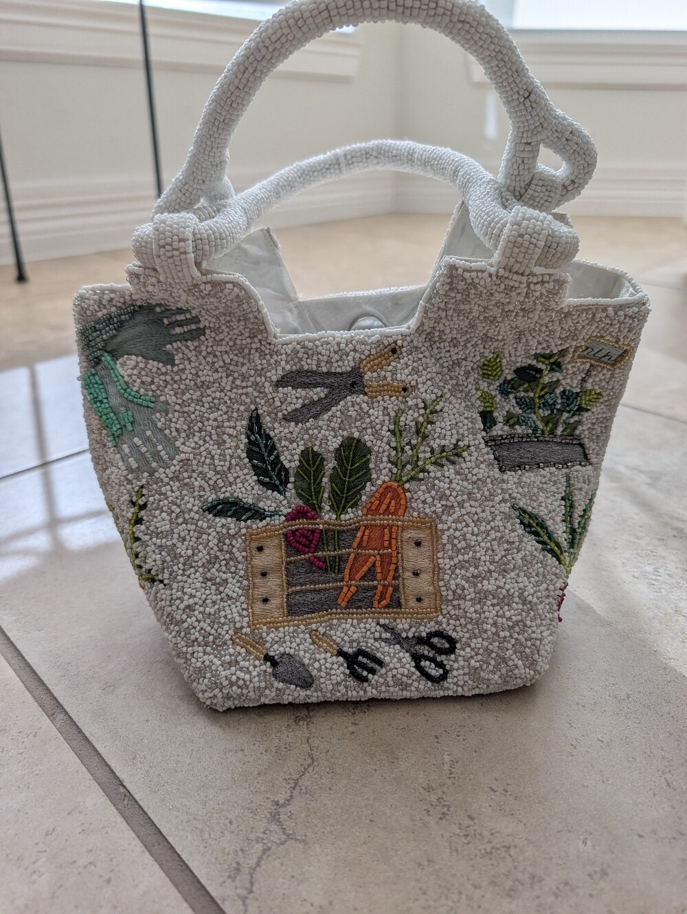 Beaded Garden Tote Bag in Cream